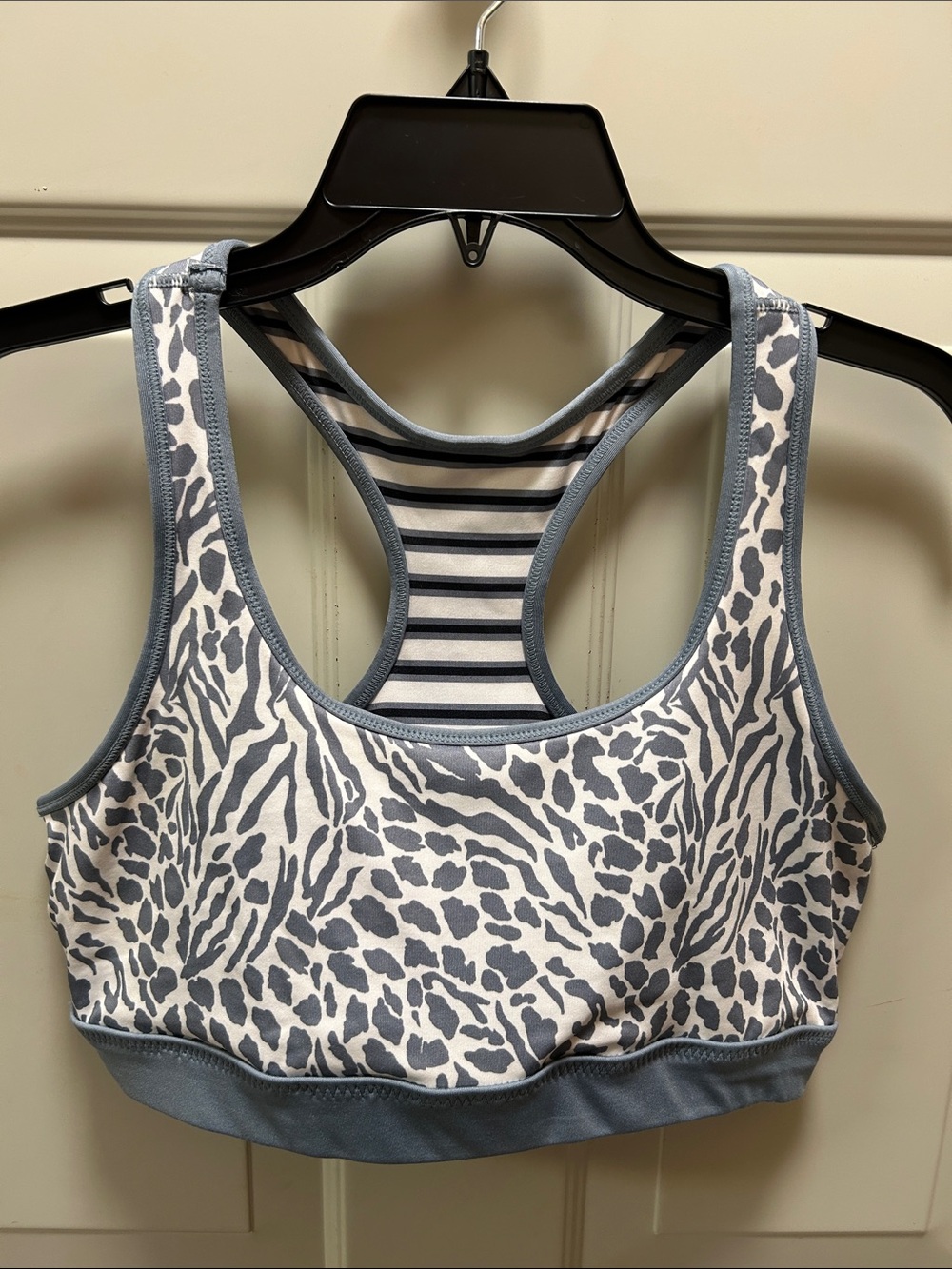 Jockey Gray and White Animal-Print to Stripes Reversible Racerback Sports Bra